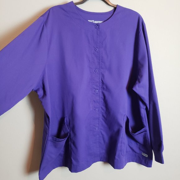 Grey's Anatomy Jamie 4-Pocket Round Neck Snap Front Warm Up Purple Scrub Jacket - Picture 3 of 8